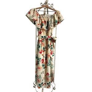 Doe & Rae Dress Maxi Cream Orange Floral Off Shoulder Ruffle Waist Tie Size Med